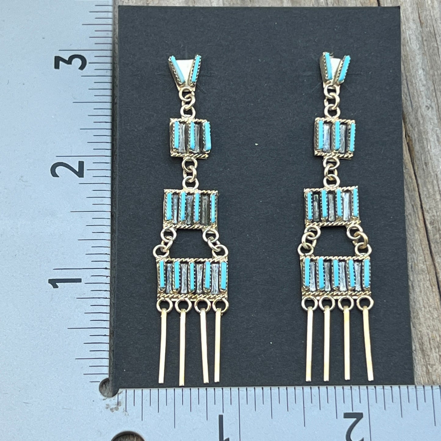 2 3/4" Zuni Turquoise Needlepoint Chandelier Dangle Earrings Ashley Laate Sterling 832