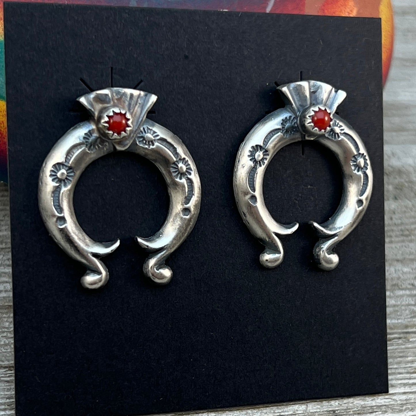 Red Mediterranean Coral Naja stud Earrings Navajo Adrienne Gordan Sterling Silver 3