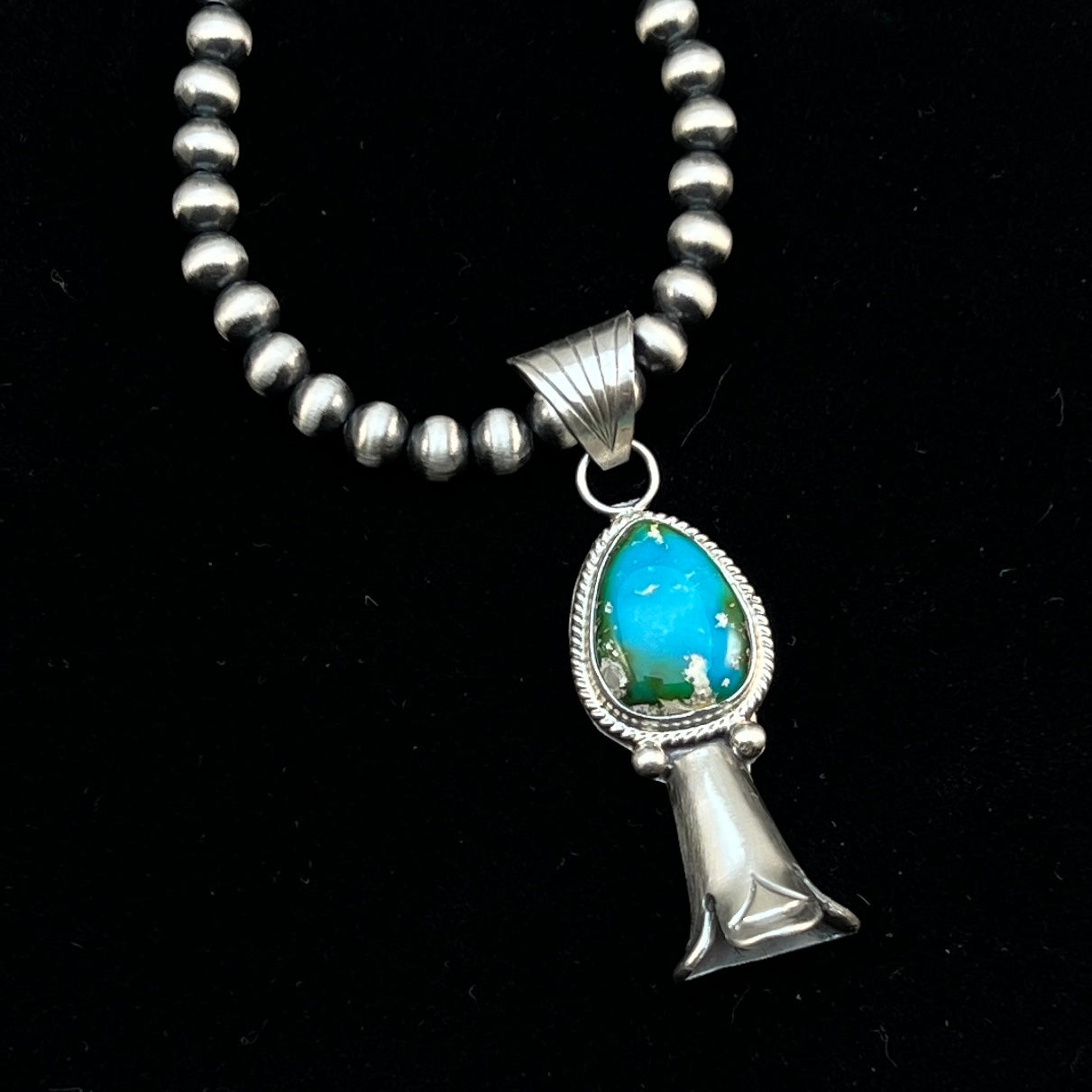 16" sterling silver Sonoran Gold Turquoise squash blossom necklace 5mm beads