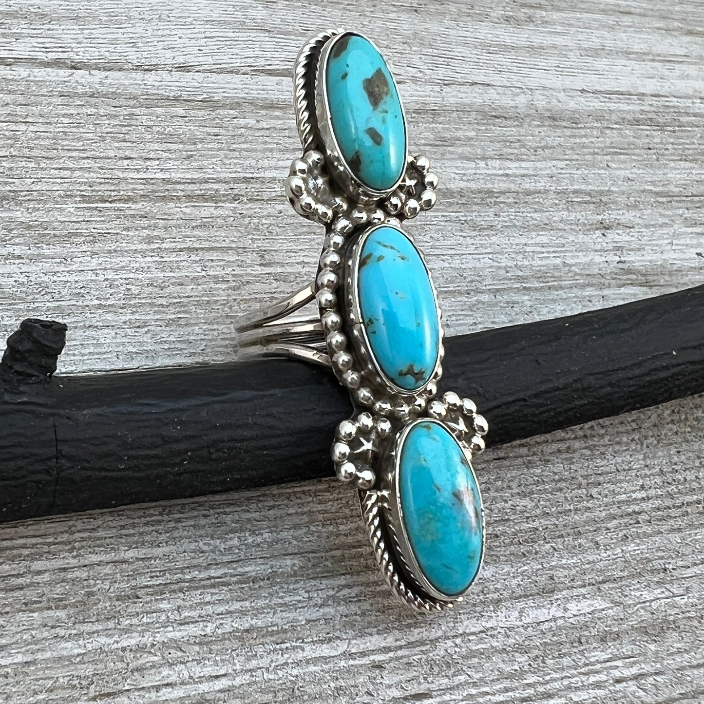 Size 8 Blue Campitos turquoise sterling silver long pointer ring Harold Becenti 488