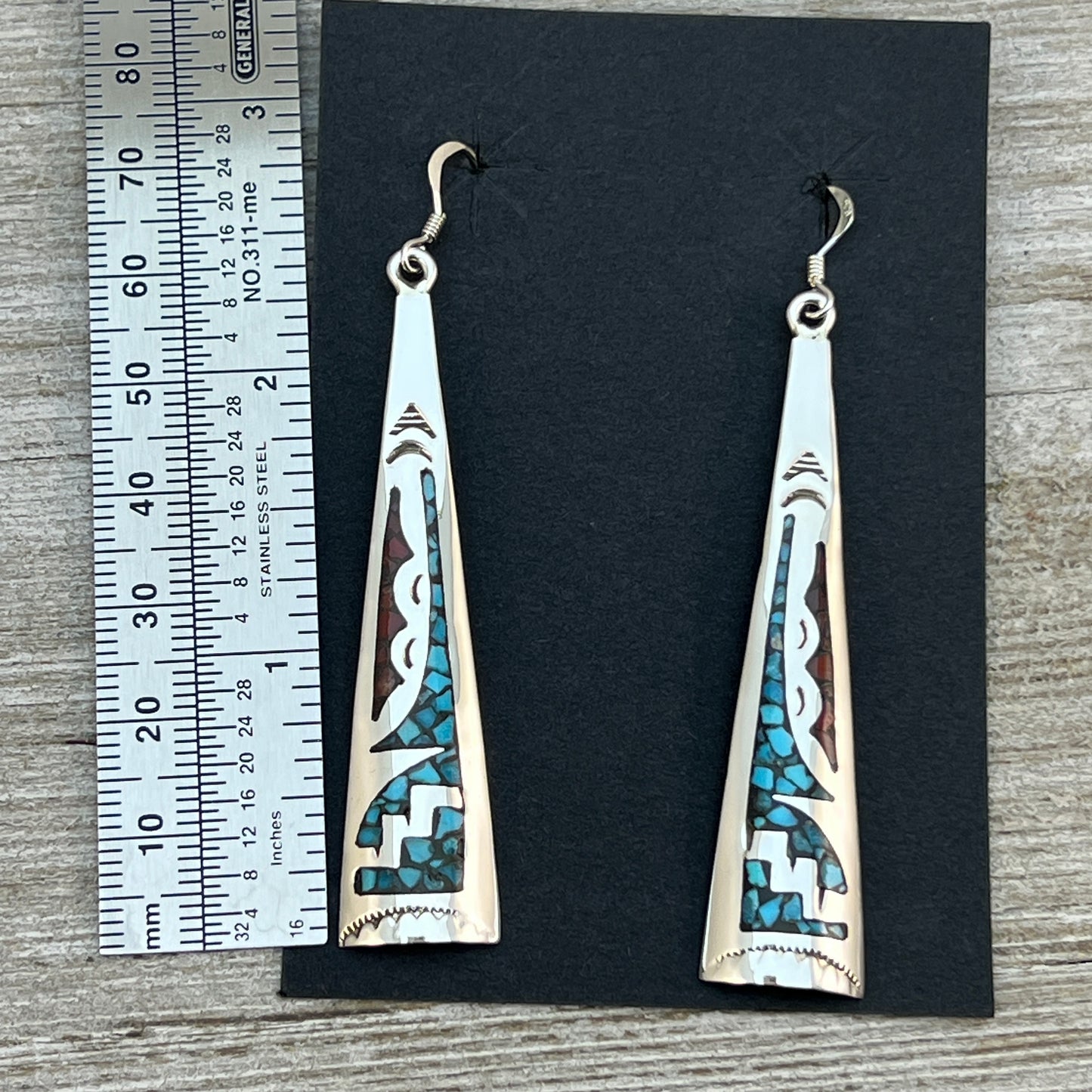 Turquoise coral chip inlay long earrings Navajo handmade signed Jolene Yazzie 3