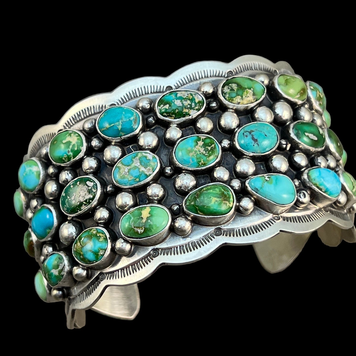 6 3/4" Green Blue Sonoran Turquoise Cuff Bracelet Sterling Silver Tom Lewis 513