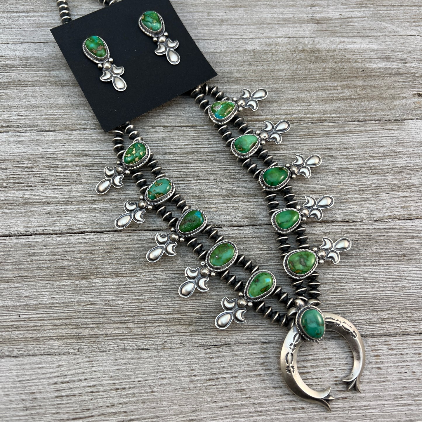 Sonoran Gold Green Turquoise Small Squash Blossom Necklace, Adrienne Gordon Navajo 1