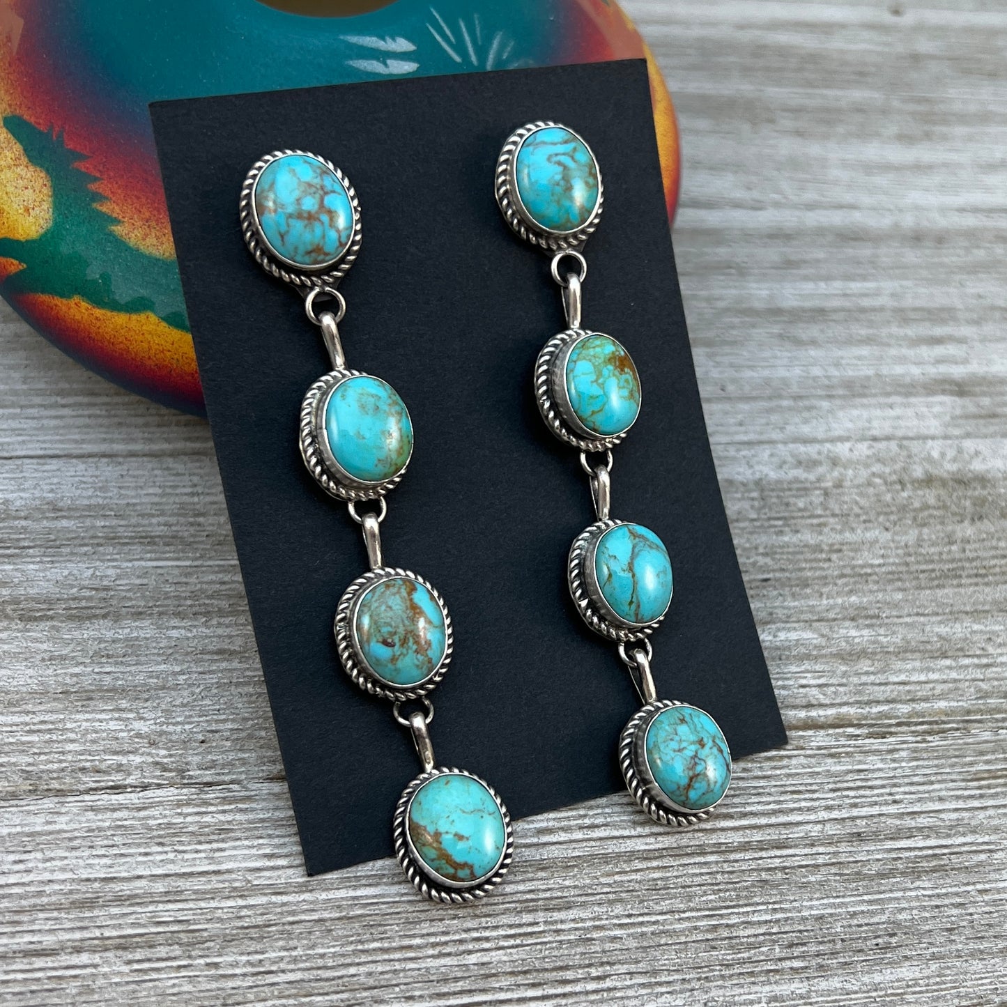 Long Dangle Turquoise stone earrings, sterling silver Boho jewelry Judith Dixon