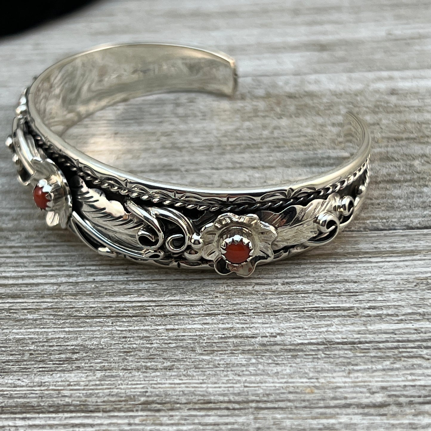 6 1/2" Narrow Floral sterling silver bracelet Navajo handmade Bessie Joe signed red coral