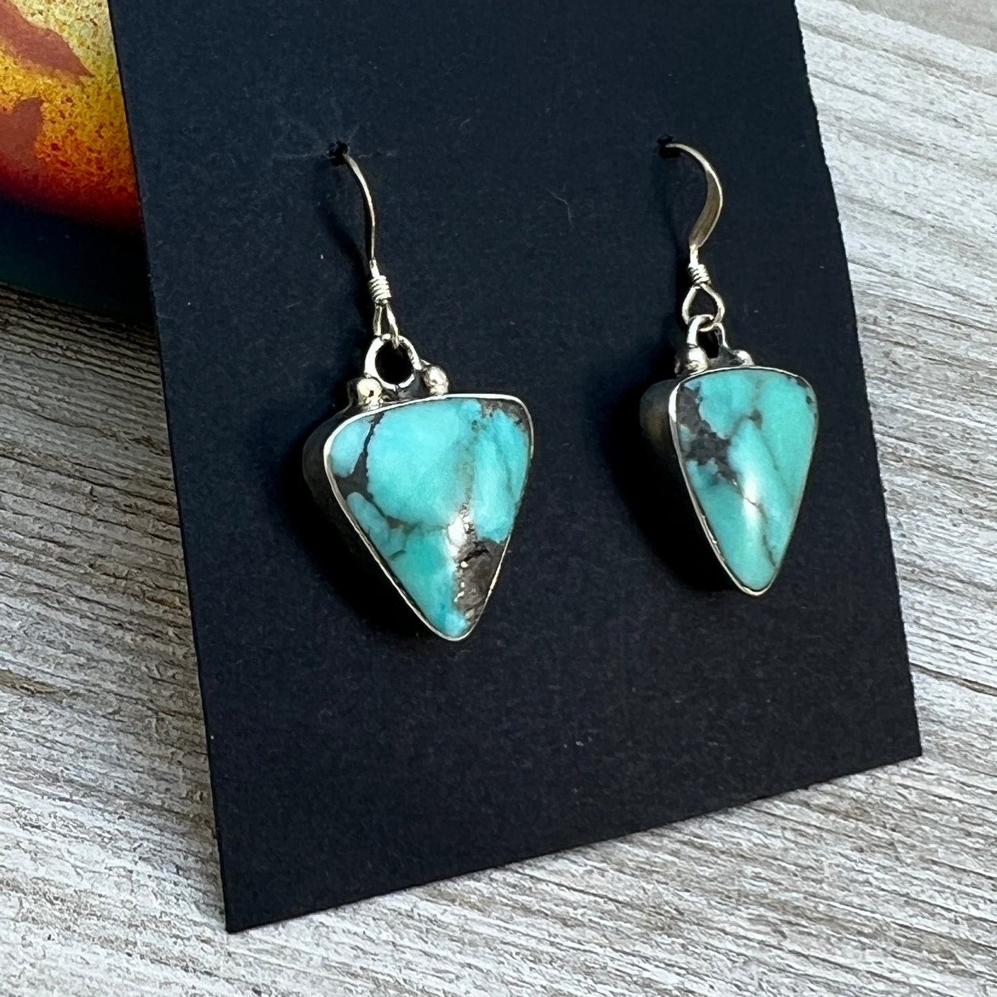 Sterling silver varisite dangle earrings Navajo handmade Arlene Lewis 2