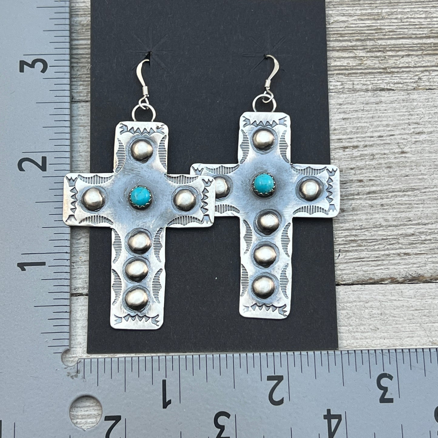 Navajo handmade large cross dangle earrings sterling silver turquoise Tim Yazzie 397