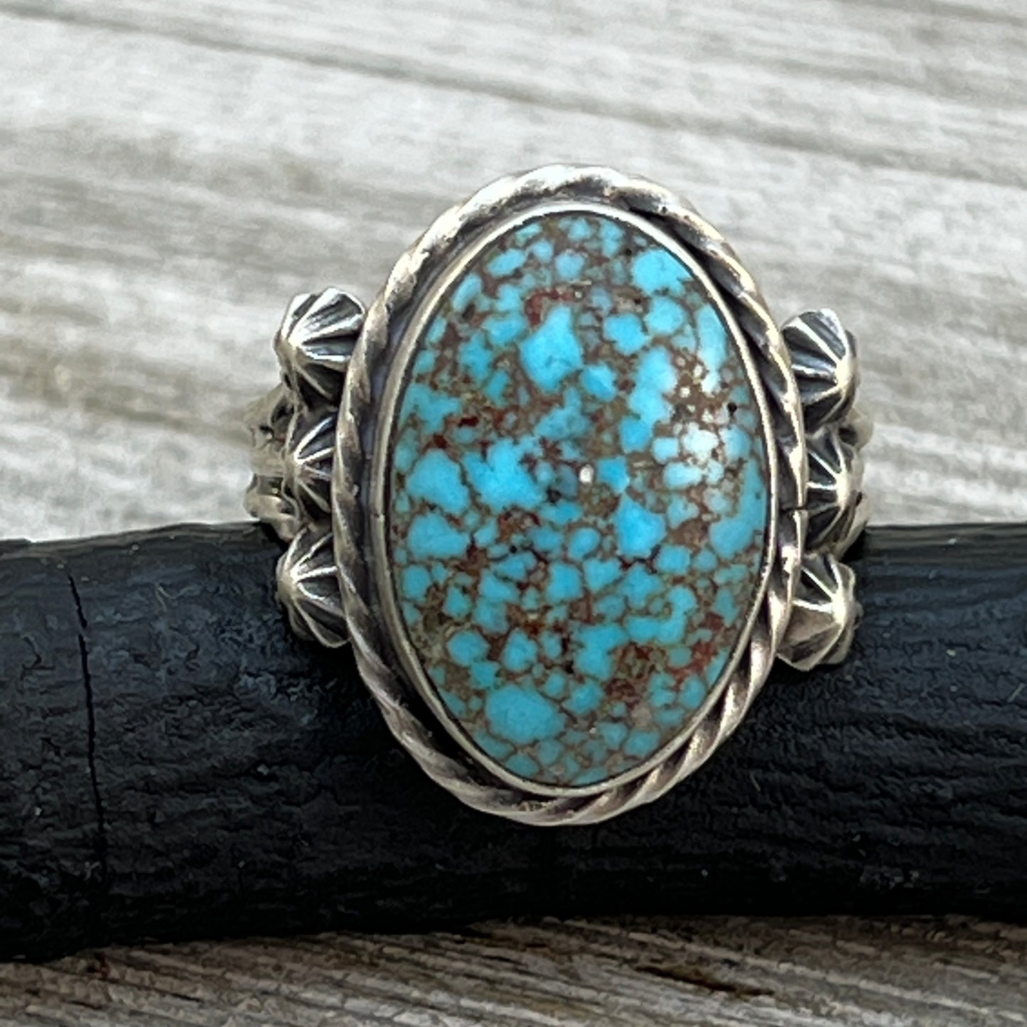 Size 8.5 Spiderweb Kingman Turquoise Sterling Silver Ring Samuel Yellowhair Navajo