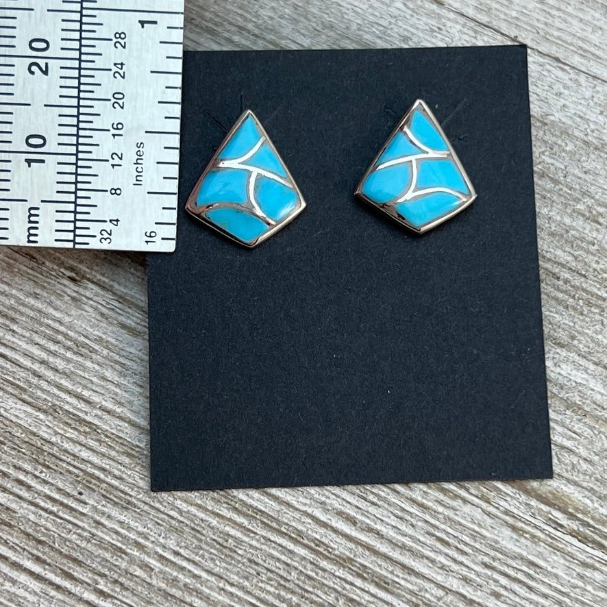Small Zuni Fish scale inlay turquoise stud post earrings, Orena Leekya 3