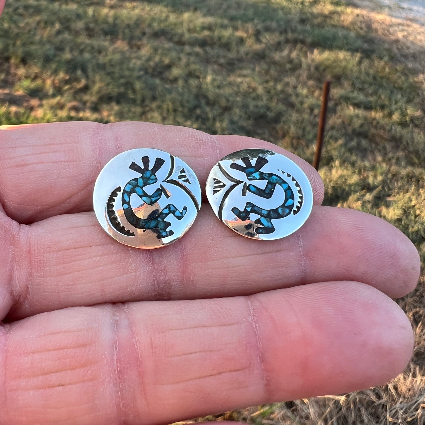 Turquoise Chip inlay Kokopelli small concho earrings Sterling silver Sally Shurley