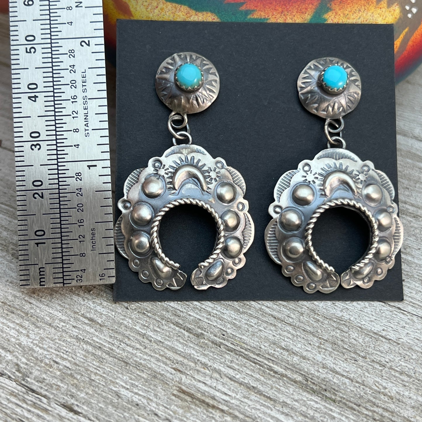 Sterling silver Turquoise Hand stamped naja concho earrings, Navajo Gabrielle Yazzie 3