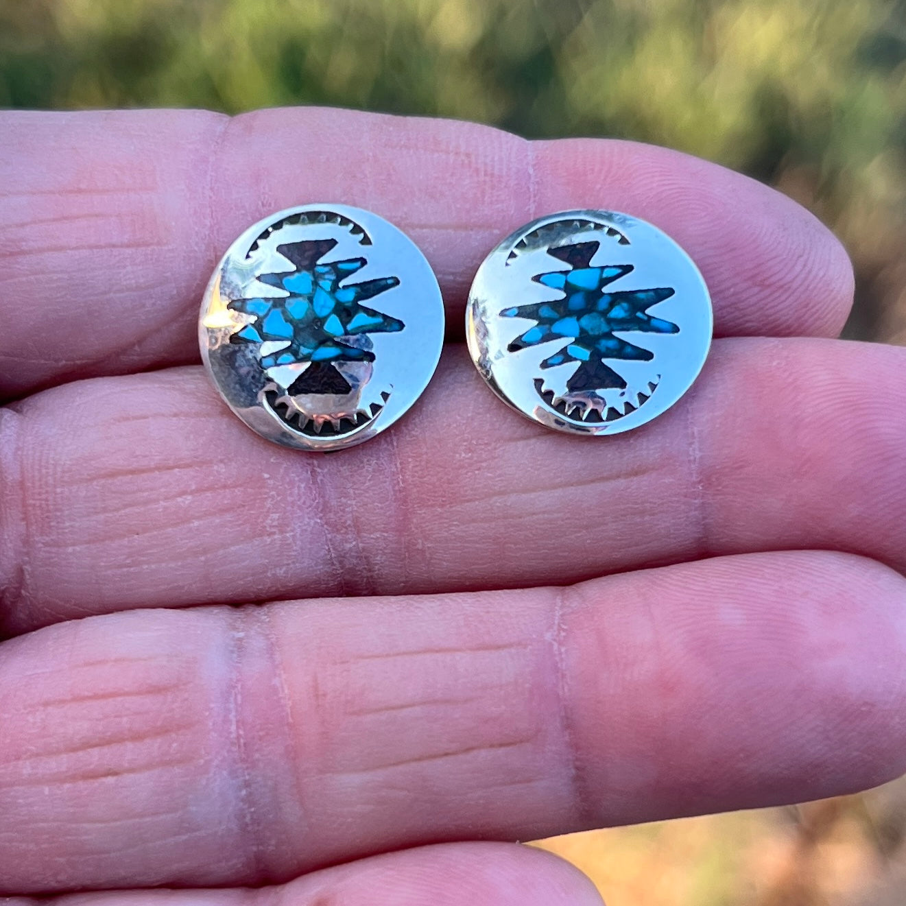 Turquoise Chip inlay Southwest small concho earrings Sterling silver Sally Shurley