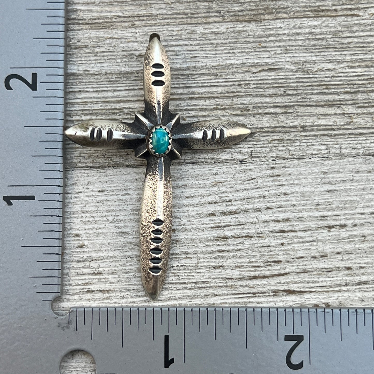 Narrow Turquoise Cross Pendant Sterling Silver Navajo handmade Martha Cayatineto