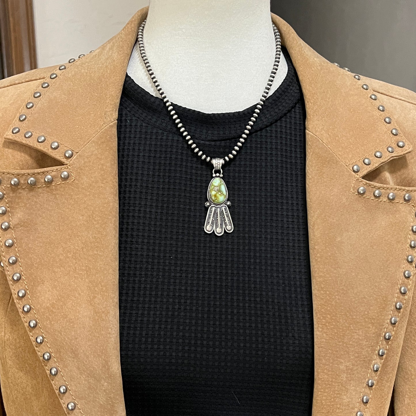 Palomino Varasite Feather Pendant Navajo Marita Benally sterling silver