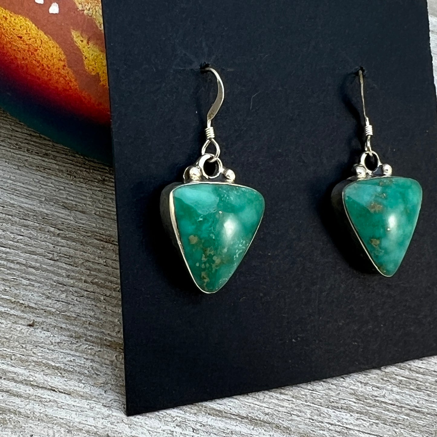 Sterling silver varisite dangle earrings Navajo handmade Arlene Lewis 1
