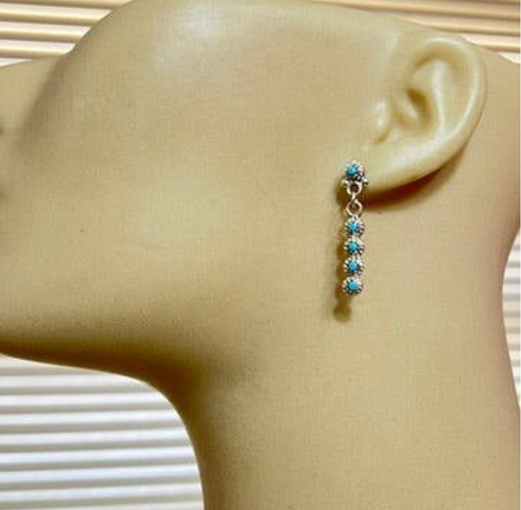 Zuni Turquoise Snake Eye Tiny Dot bar dangle earrings sterling silver Bernadette Nakatewa