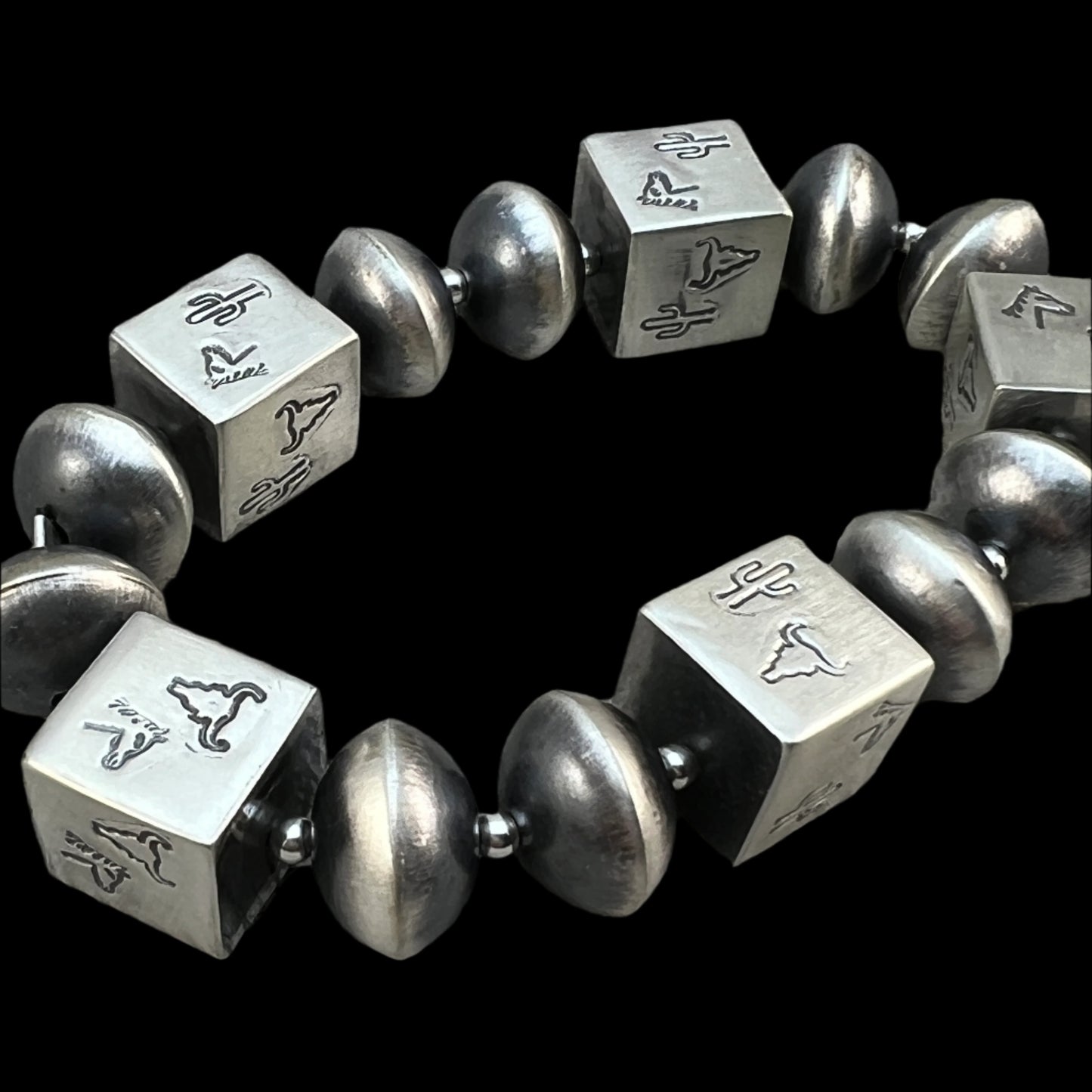 Handmade Navajo Pearls, beads, elastic, Stretch bracelet sterling silver 7" Sharon Cooley