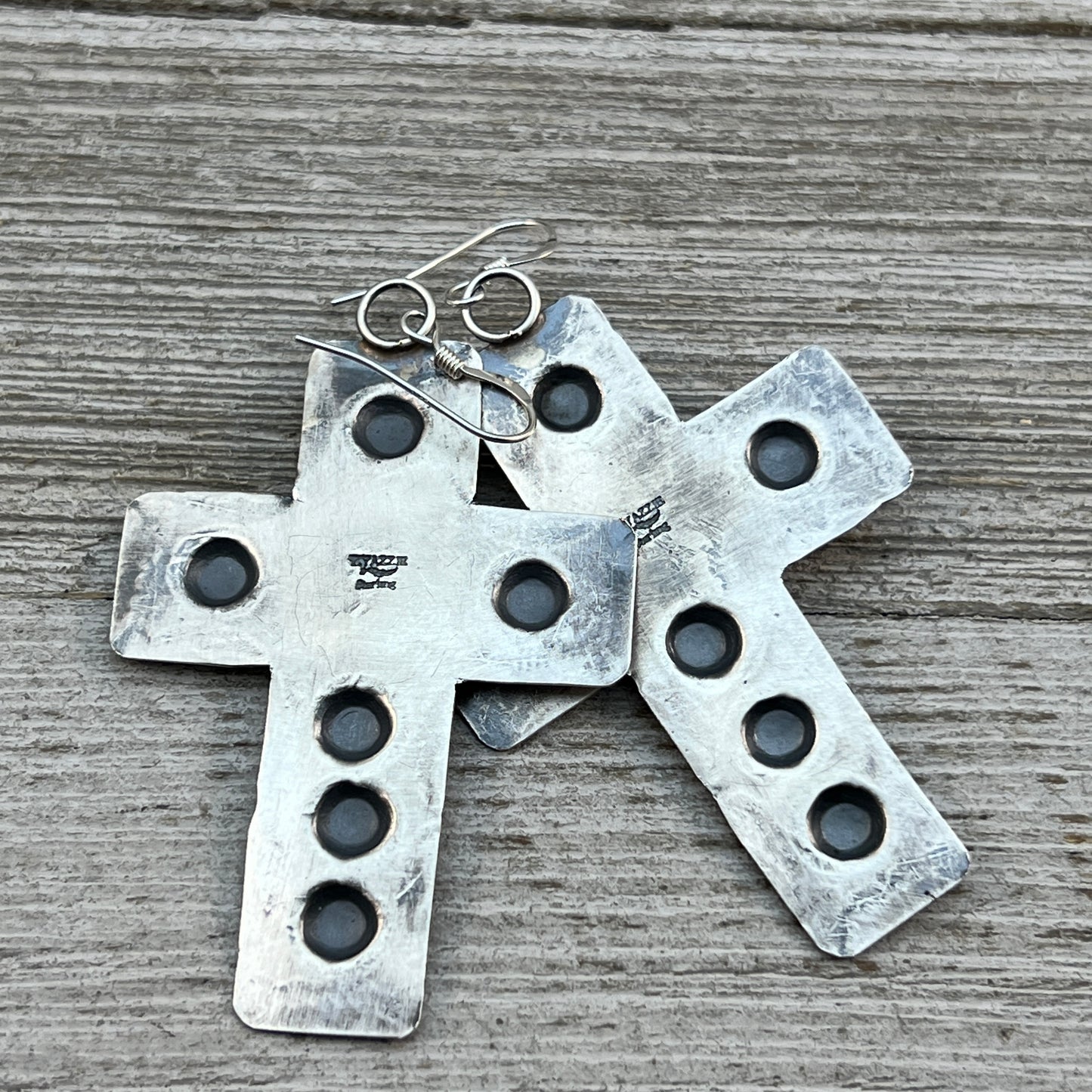 Navajo handmade large cross dangle earrings sterling silver turquoise Tim Yazzie 397
