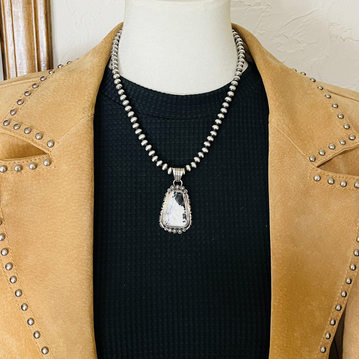 White Buffalo Stone Pendant Navajo Sterling silver Marita Benally