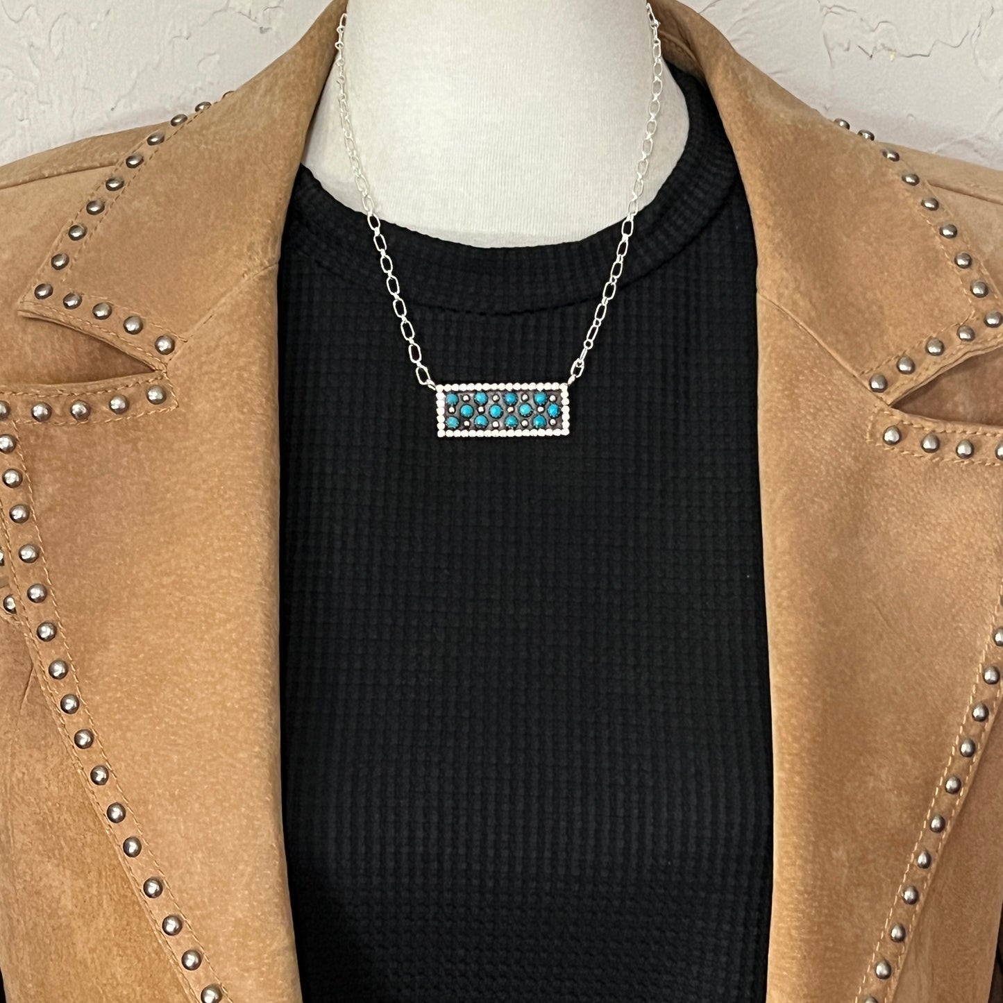 18" Zuni Snake Eye Dot Turquoise Sterling silver handmade Bar Necklace Kenny Lonjose 4