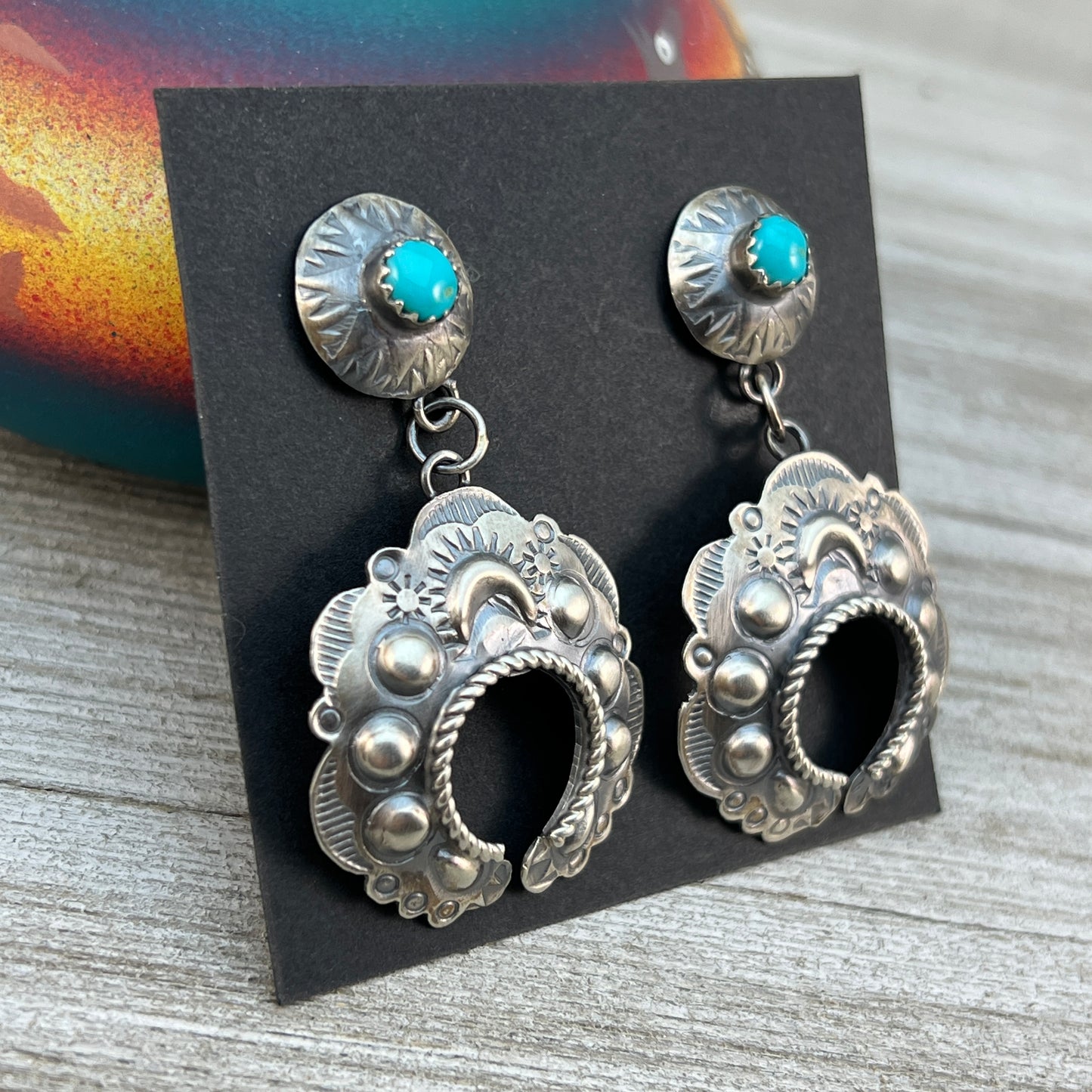 Sterling silver Turquoise Hand stamped naja concho earrings, Navajo Gabrielle Yazzie 1