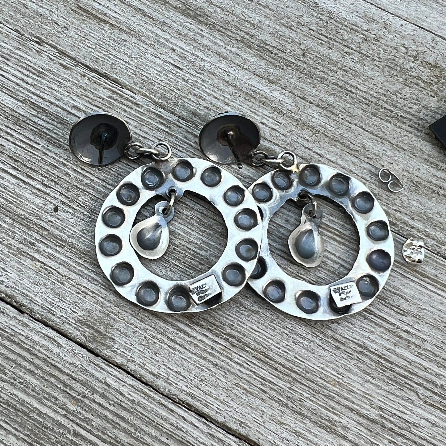 Navajo hand stamped turquoise hoop earrings sterling silver Gabrielle Yazzie