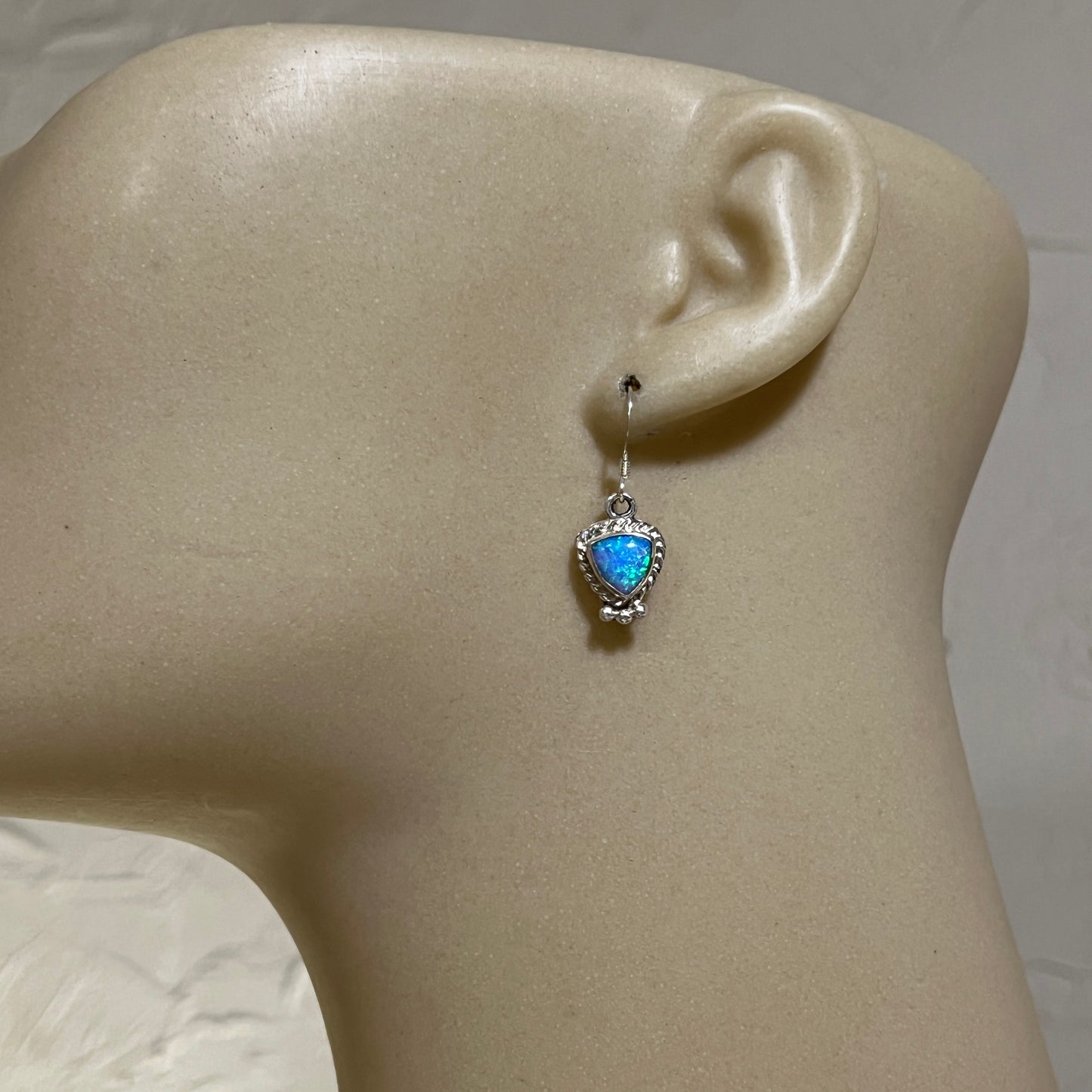 Blue Opal trillion Dangle earrings, small handmade Sterling Silver