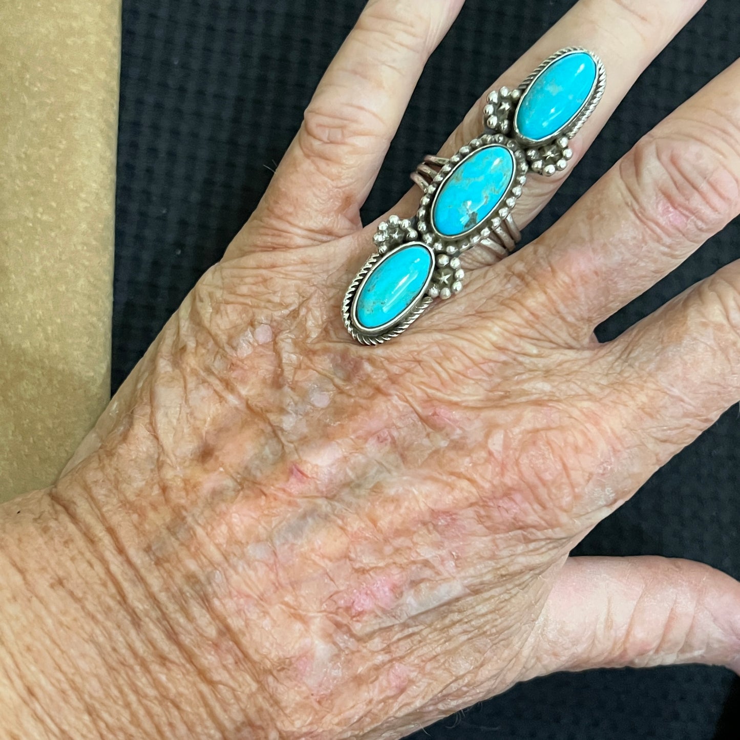 Size 7 Blue Campitos turquoise sterling silver long pointer ring Harold Becenti 490
