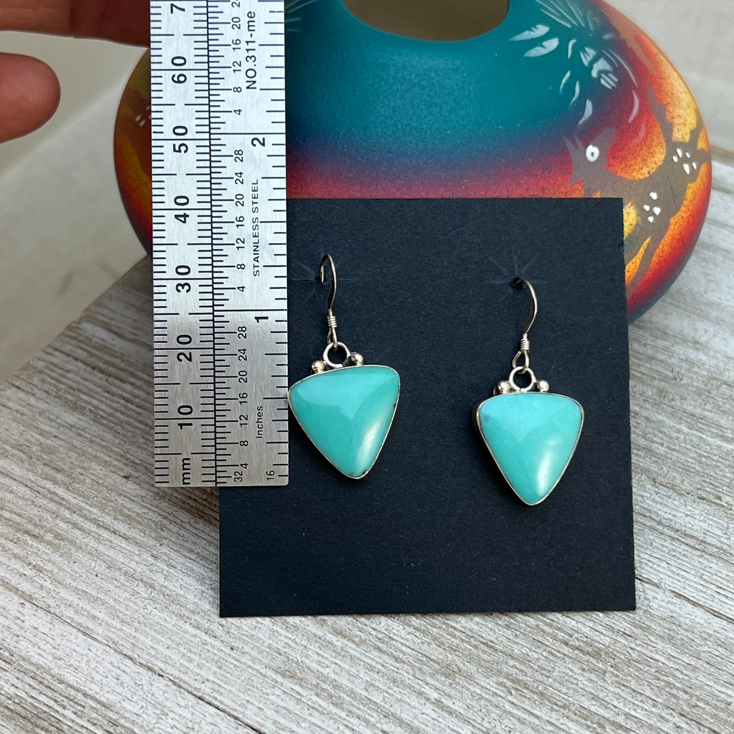 Sterling silver varisite dangle earrings Navajo handmade Arlene Lewis 3