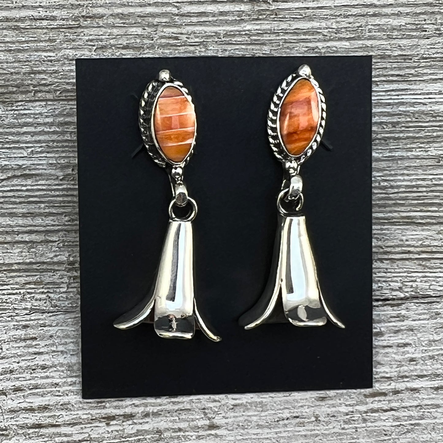 Orange Spiny Squash Blossom dangle earrings sterling silver turquoise Sheena Jack 410