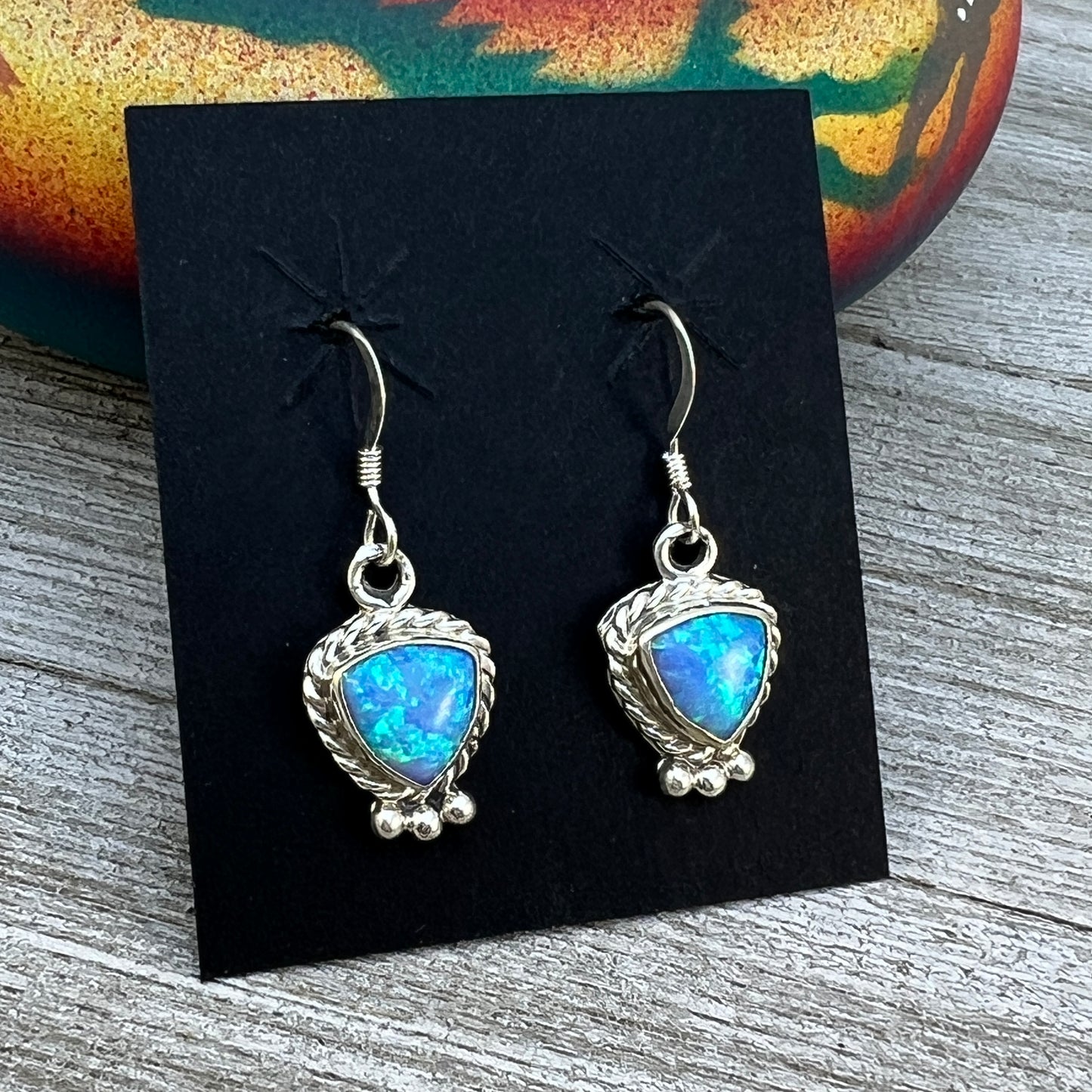 Blue Opal trillion Dangle earrings, small handmade Sterling Silver