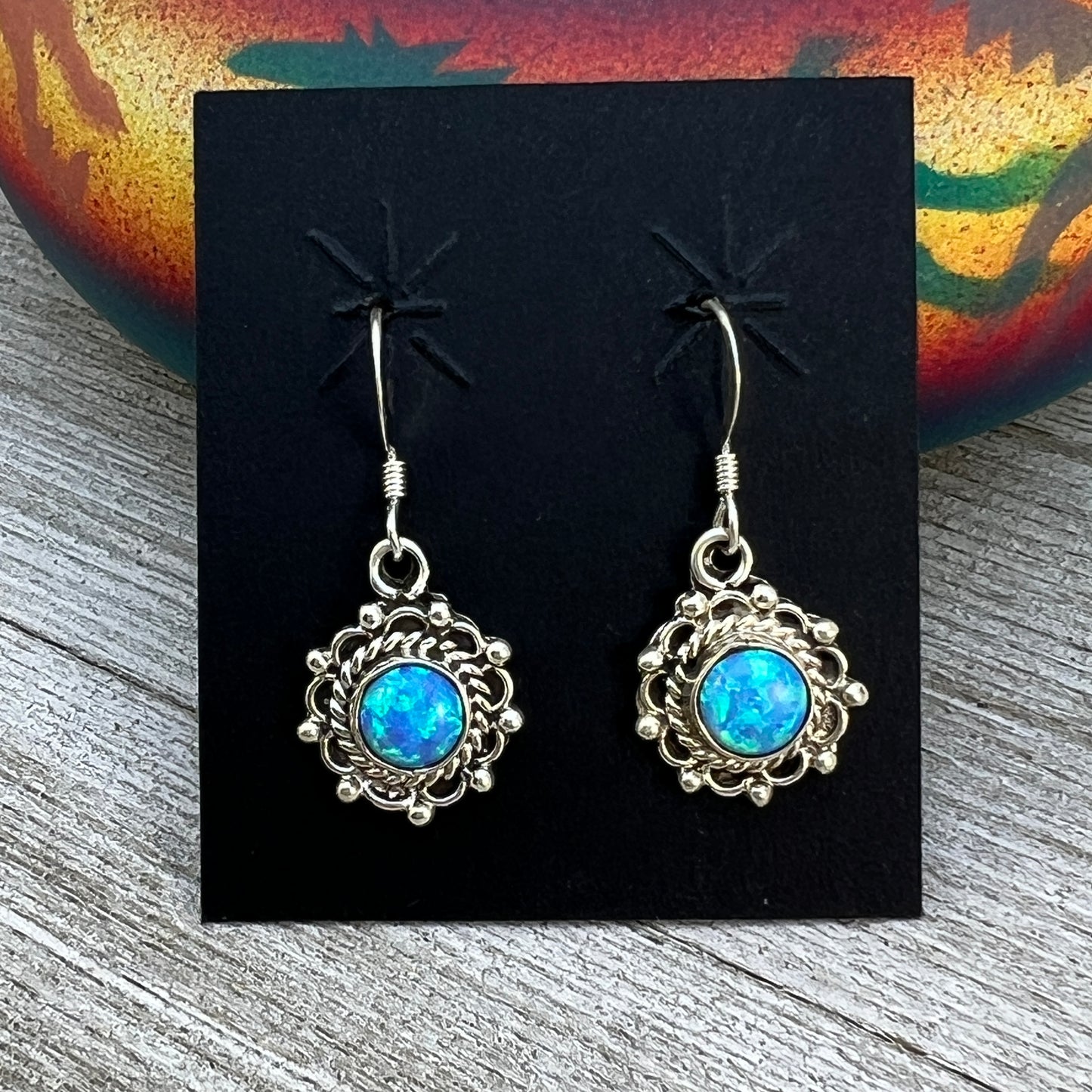 Dainty blue Opal Dangle earrings, small handmade Sterling Silver
