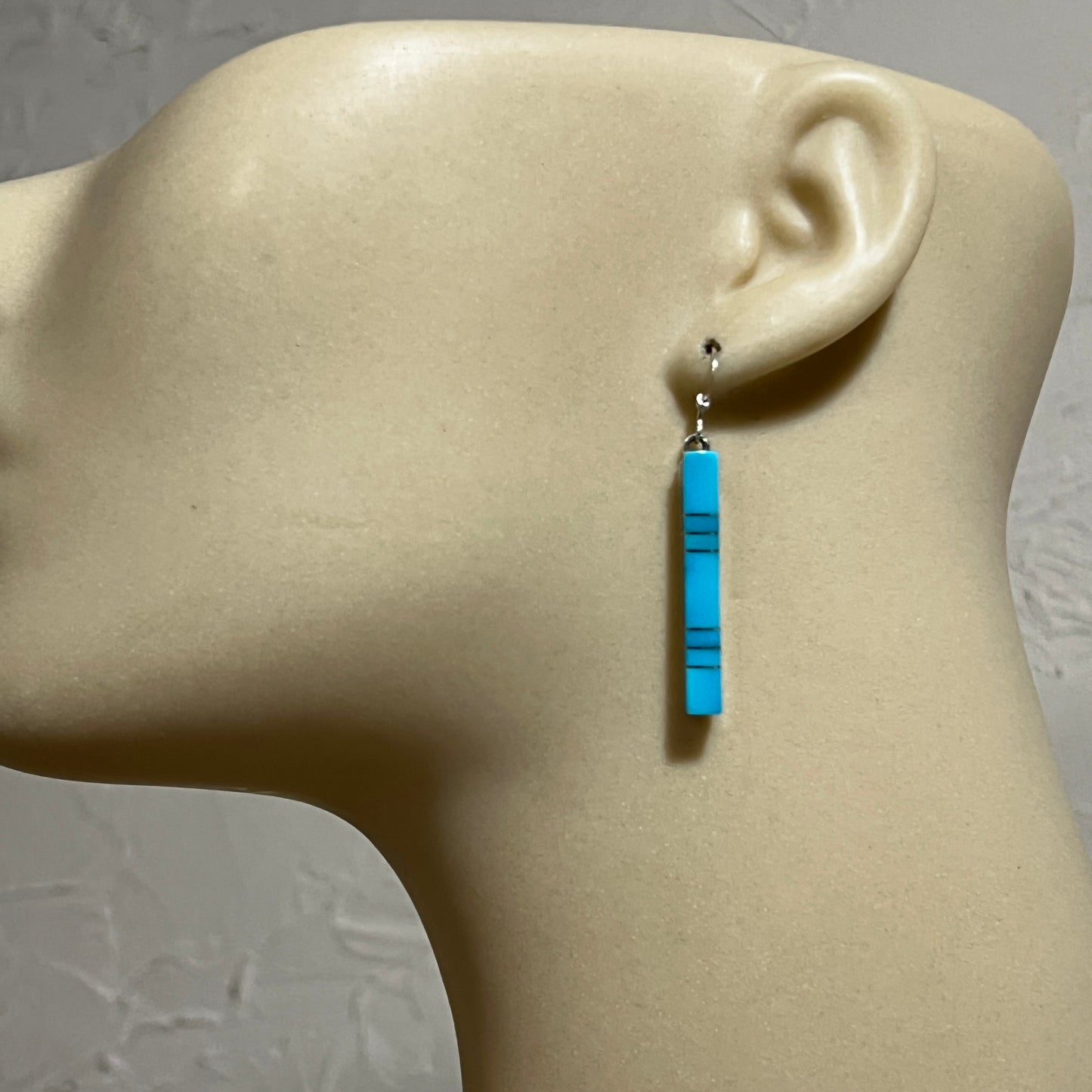 Modern Blue Turquoise inlay bar dangle earrings 3 sterling silver Zuni MaDerral Kallestewa