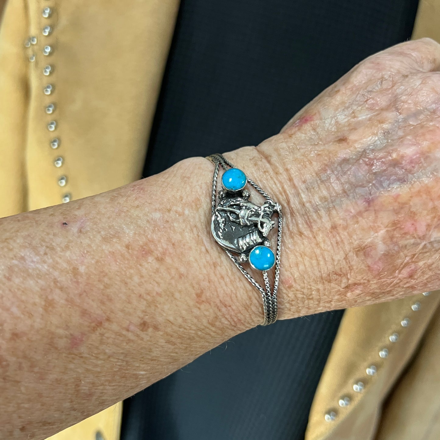 Barrel Racer Sterling silver turquoise cuff Bracelet Navajo handmade Marie Bahe 4