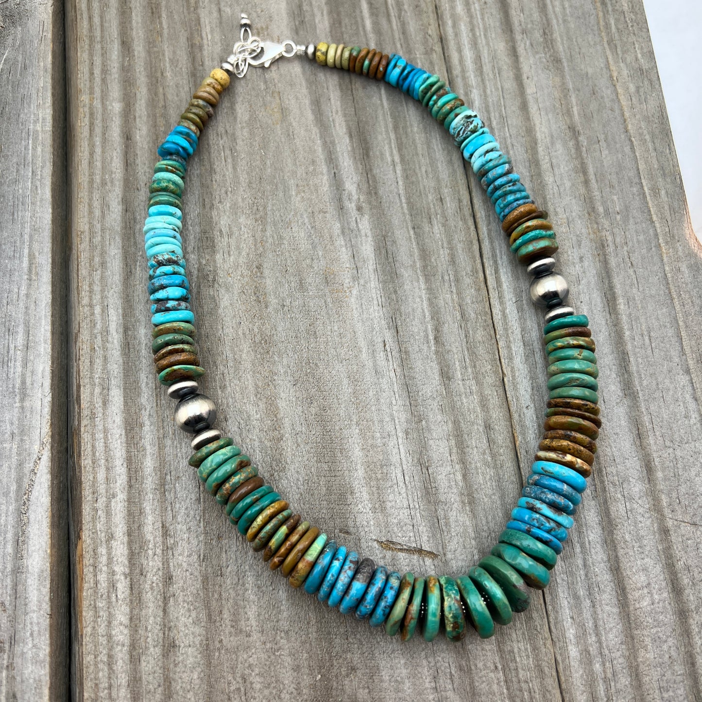 19 1/2" Turquoise Disc Necklace Choker Sterling Silver Beads, boho choker 640