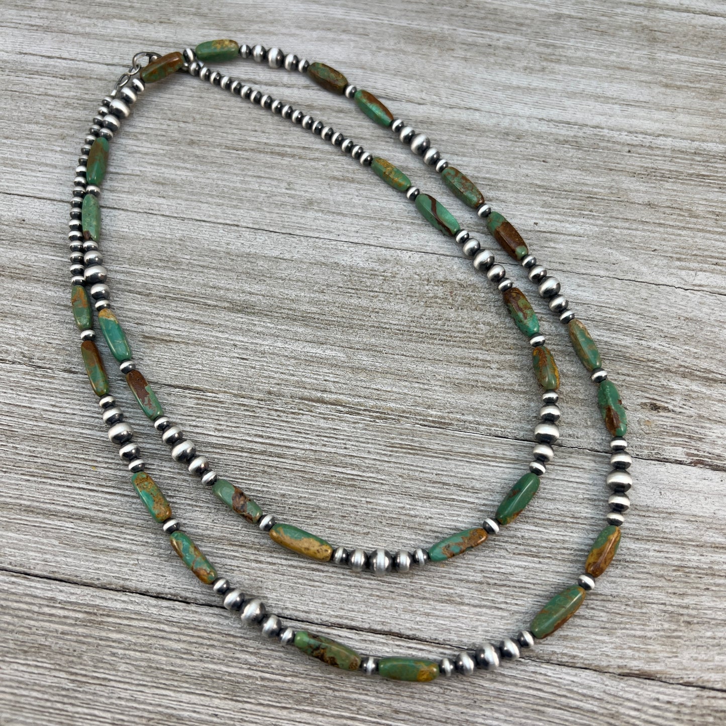 Royston Turquoise Bead Necklace oxidized Sterling Silver 36" long Boho Jewelry