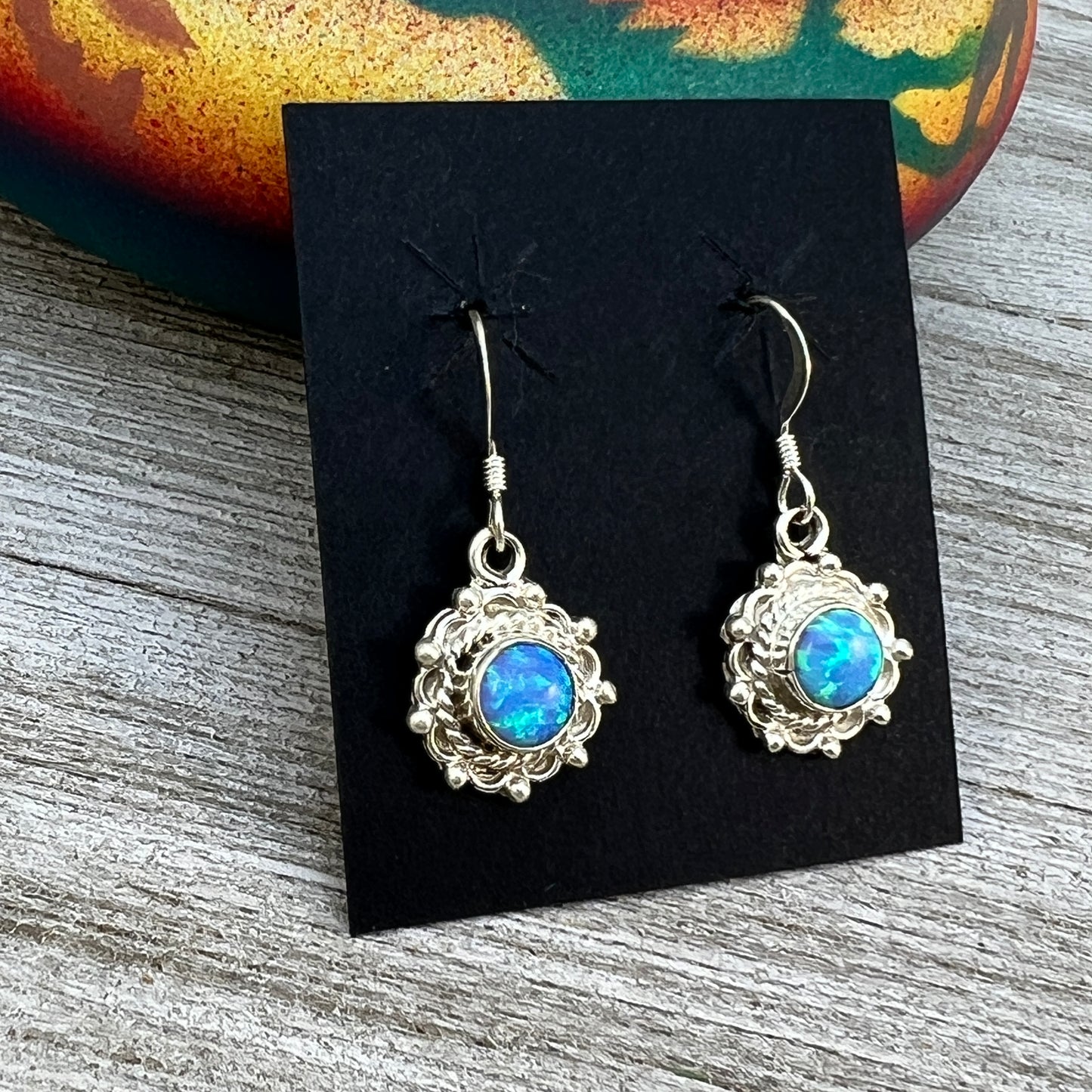 Dainty blue Opal Dangle earrings, small handmade Sterling Silver