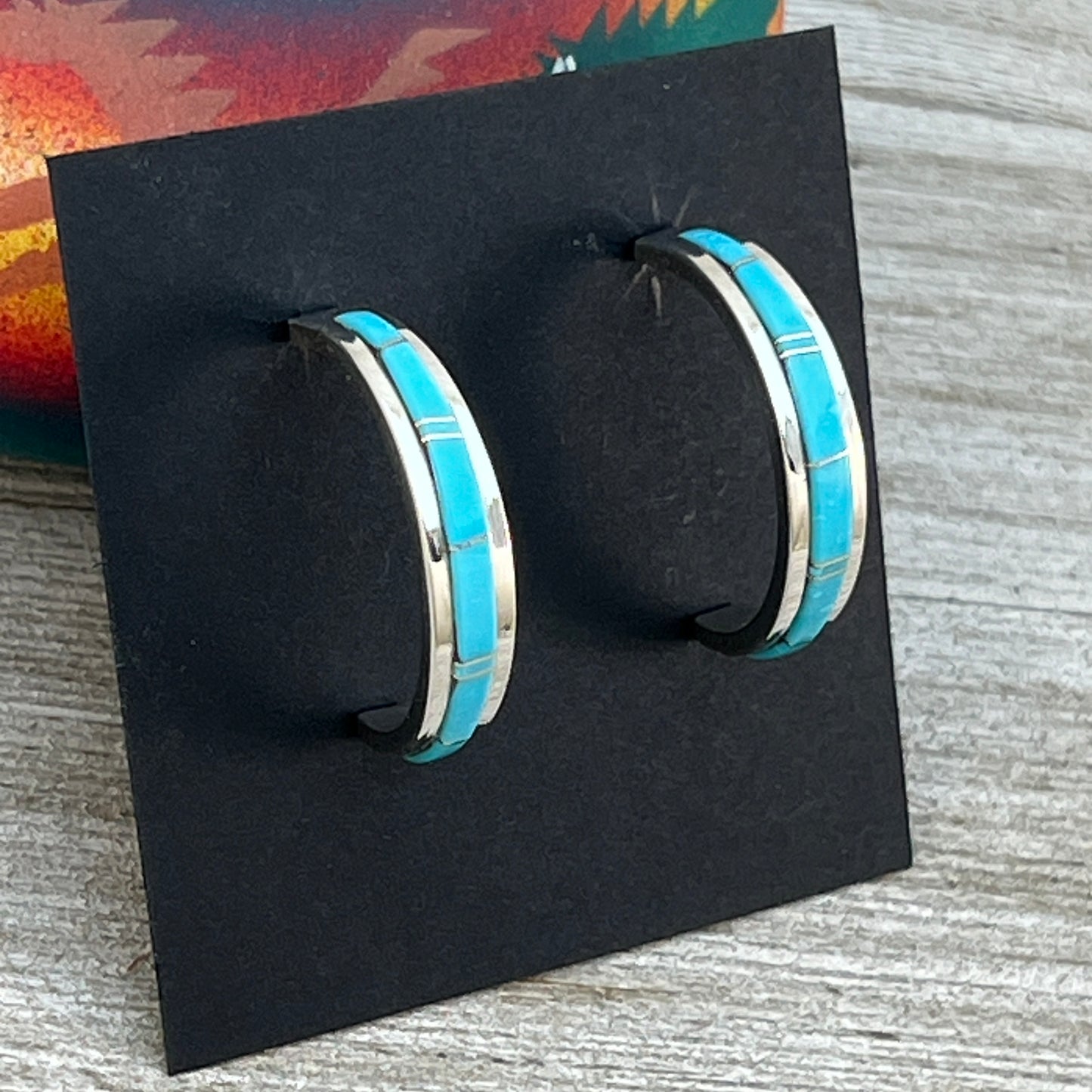 1 1/8" Turquoise inlay Hoop Earrings Navajo handmade by Wilbert Muskett signed, sterling silver