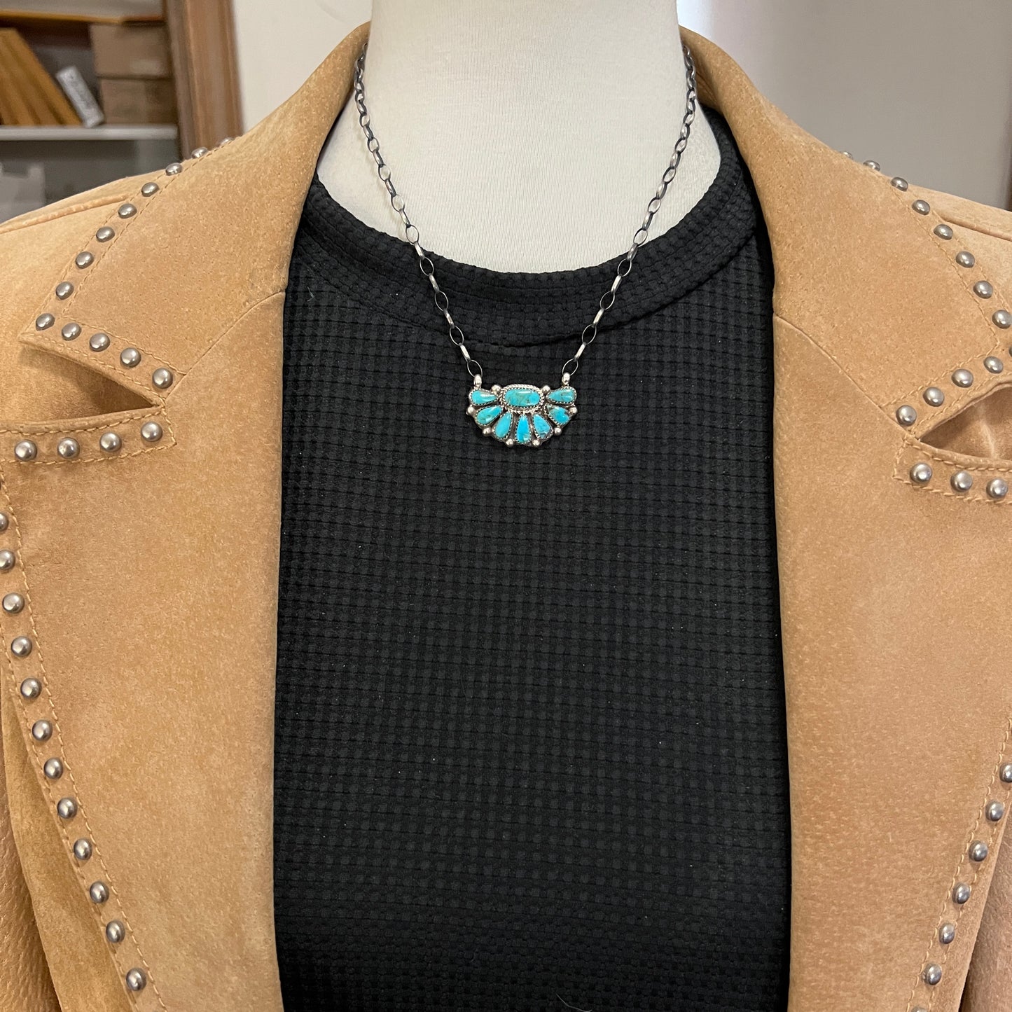 17" Kingman Turquoise half cluster necklace Navajo Alicia Wilson sterling silver