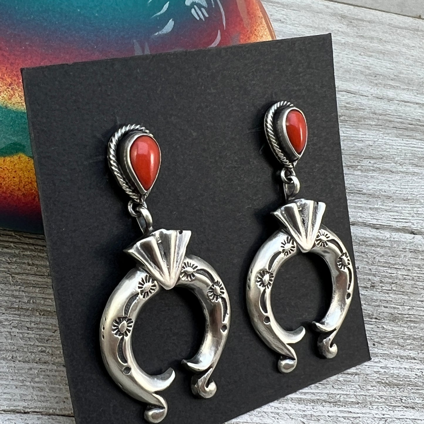 Mediterranean red coral dangle Naja earrings sterling silver Navajo Paige Gordon