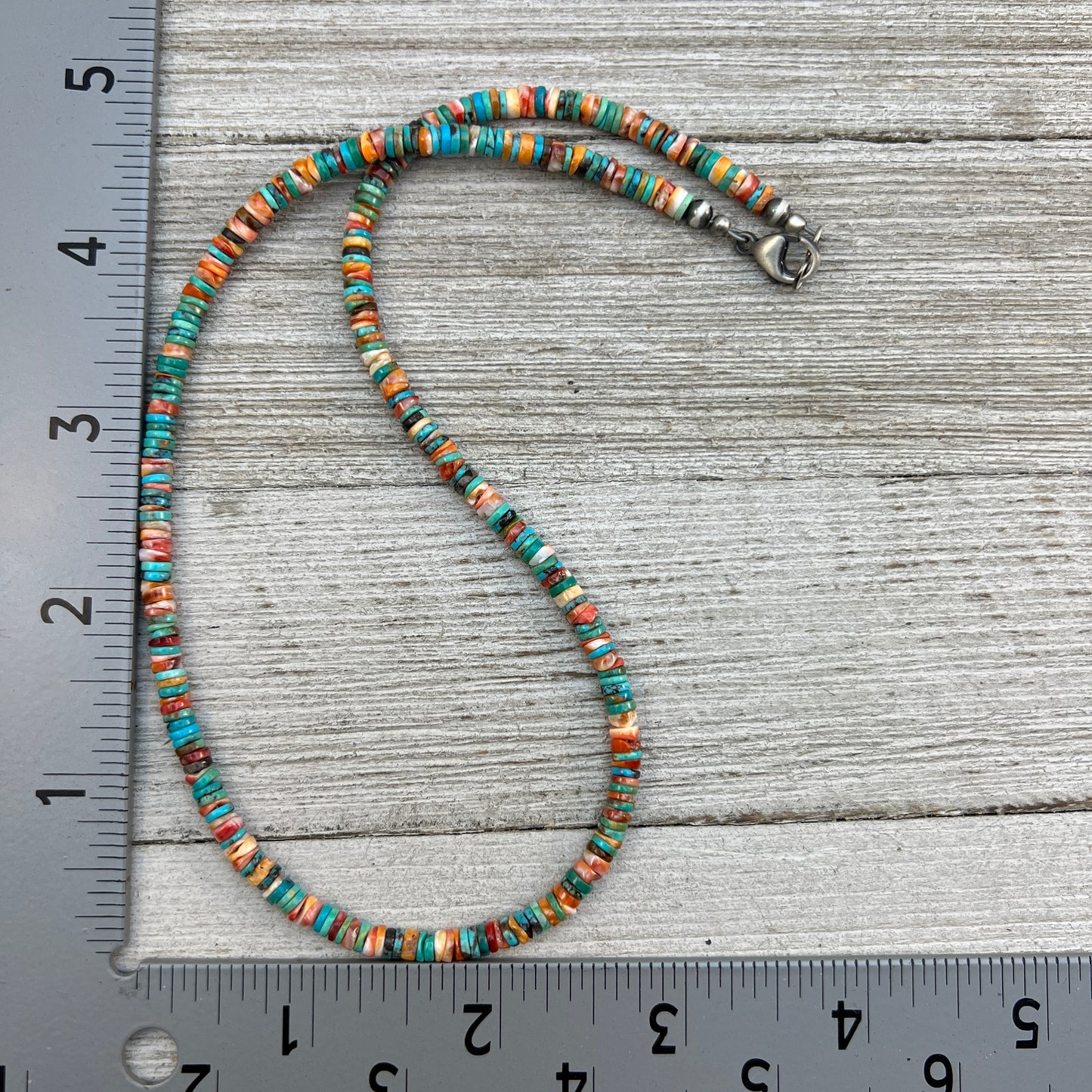 17", 4mm heishi necklace choker, turquoise red orange spiny oyster shell boho necklace 101B