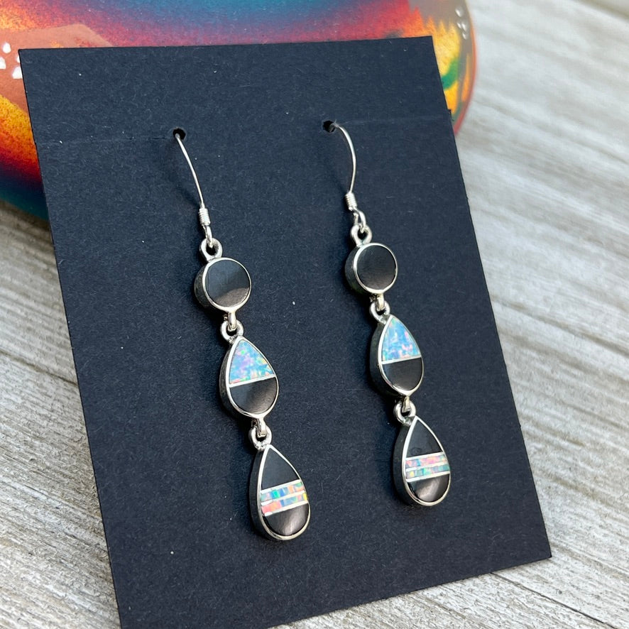 Elegant modern inlay dangle earrings Black Jet Opal Navajo handmade James Manygoats
