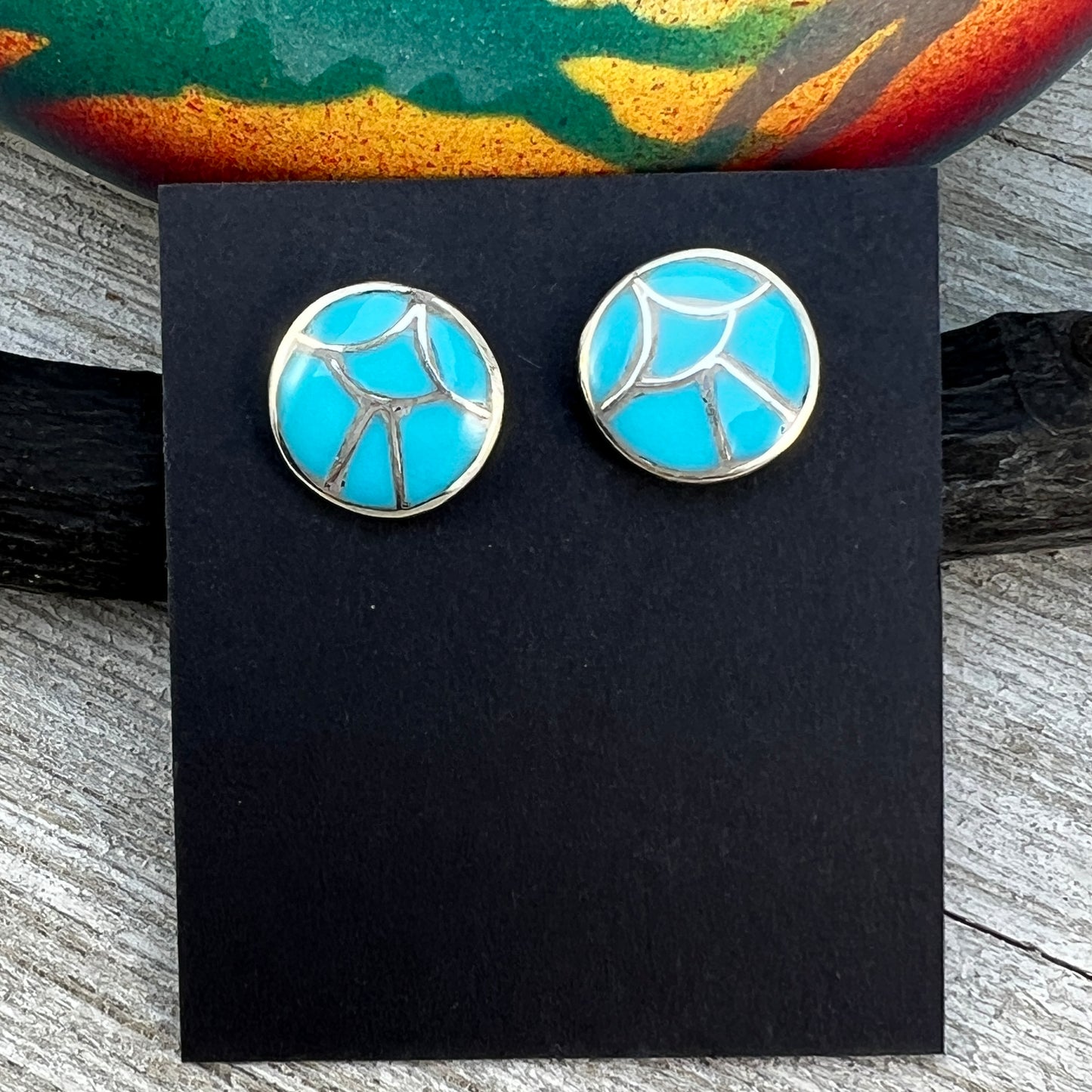 Zuni inlay turquoise fish scale small round stud earrings sterling silver Orena Leekya 1