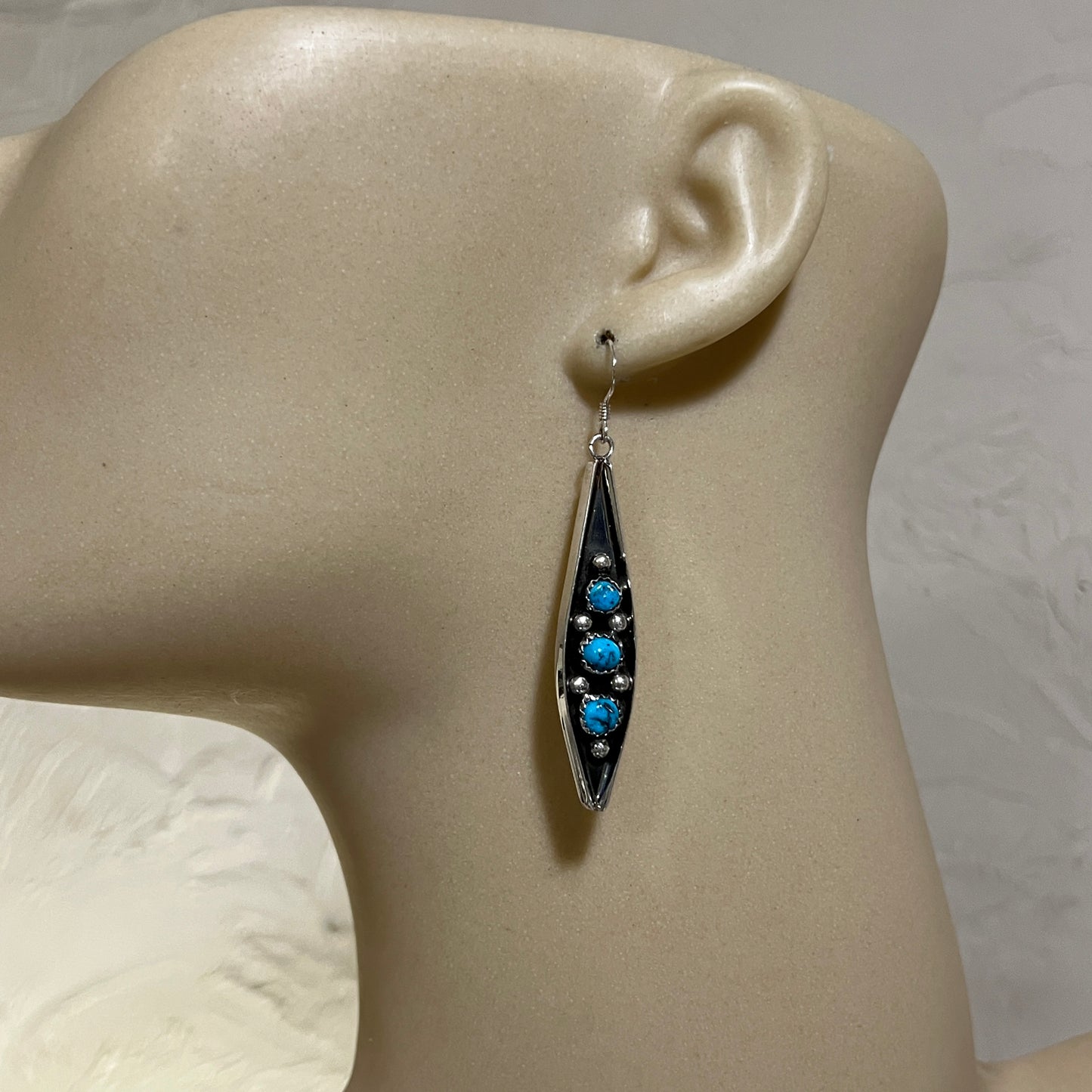 7/8" Blue Turquoise Earrings Navajo handmade by Paul Largo sterling silver 3