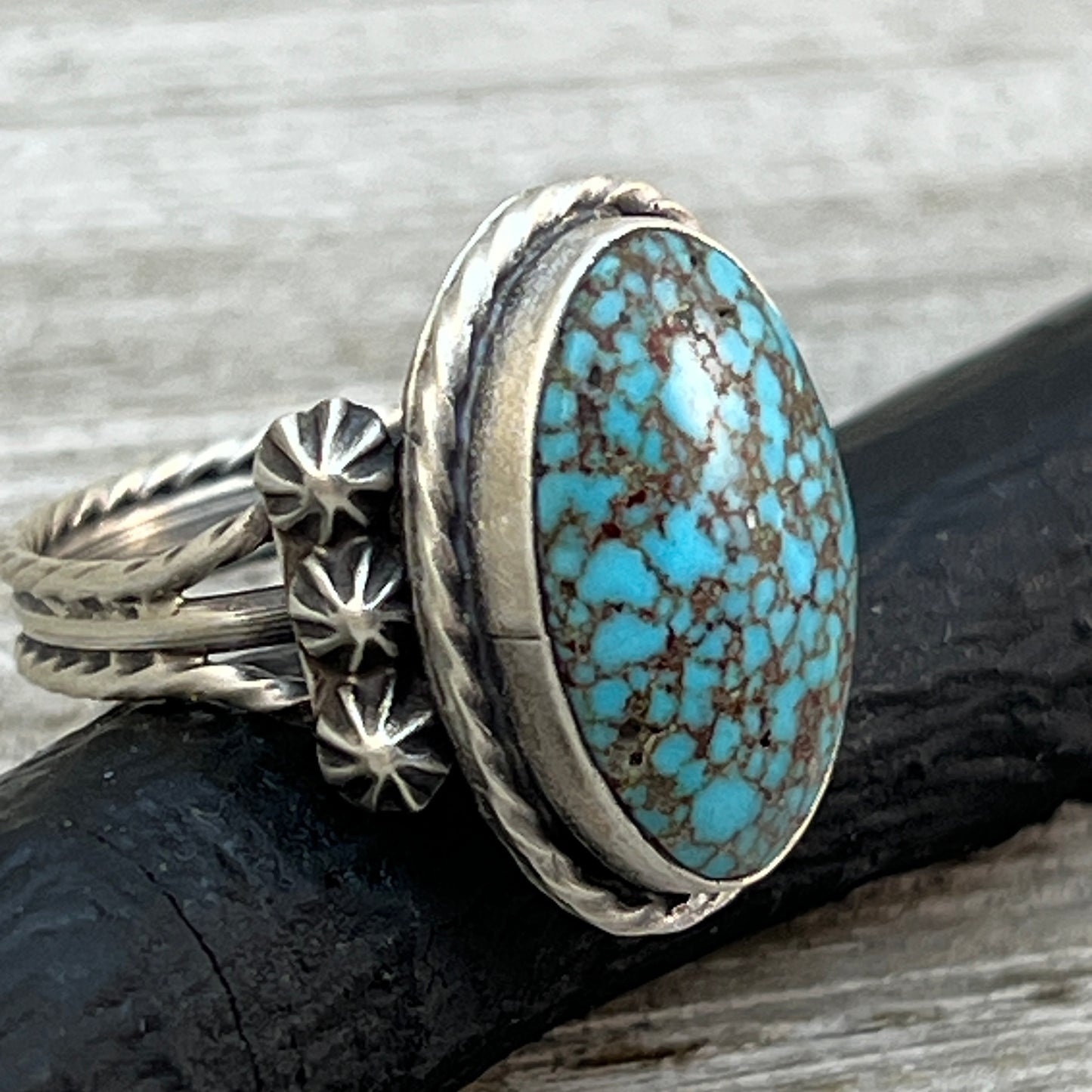 Size 8.5 Spiderweb Kingman Turquoise Sterling Silver Ring Samuel Yellowhair Navajo