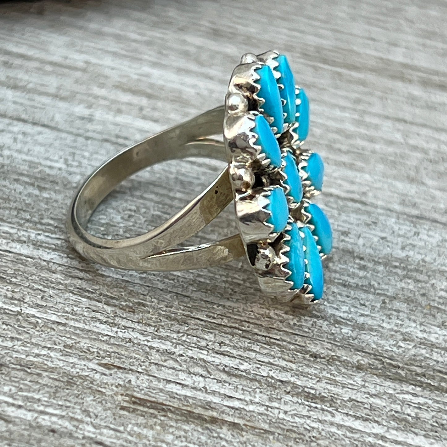 Size 7.5 Blue Turquoise Round Cluster Ring Navajo handmade Sterling Silver Alicia Wilson