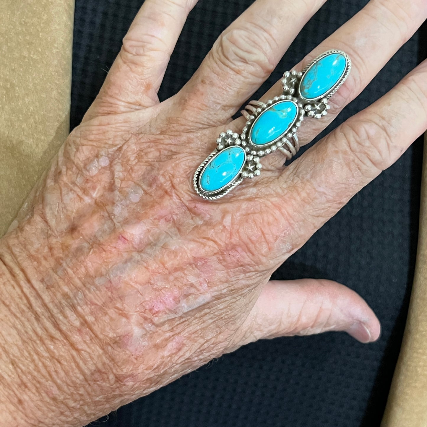 Size 8 Blue Campitos turquoise sterling silver long pointer ring Harold Becenti 489