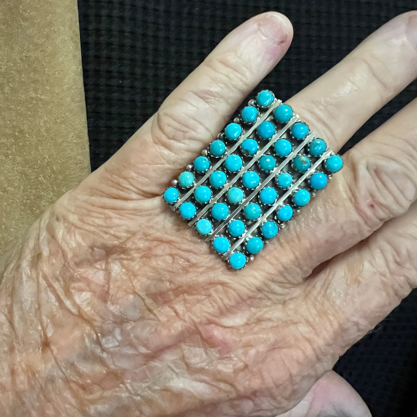 Size 7.75 Turquoise Zuni Snake Eye Dot Row Ring Kenny Lonjose Sterling Silver signed