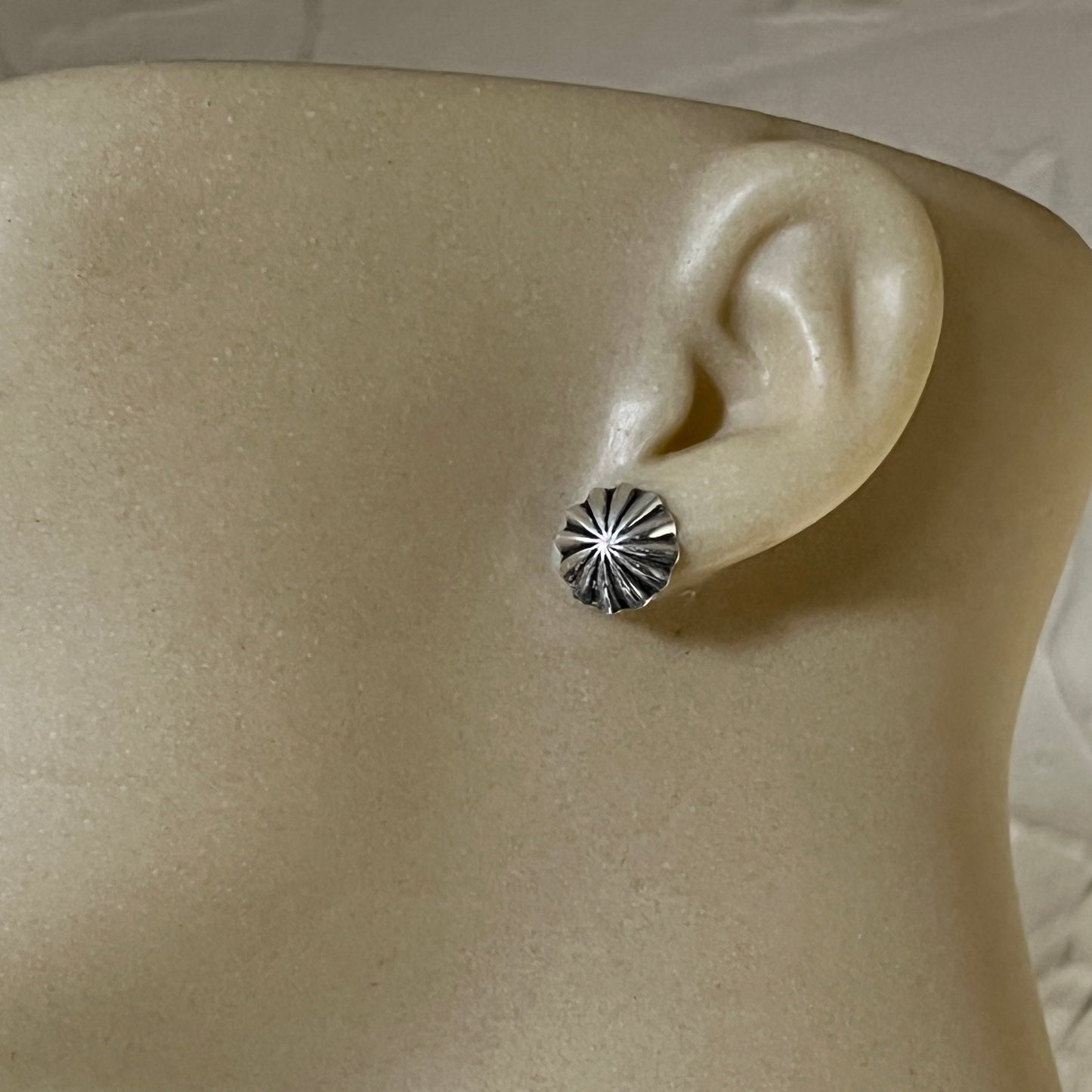 Lightweight small Corrugated hand stamped concho earrings Sterling silver Sally Shurley