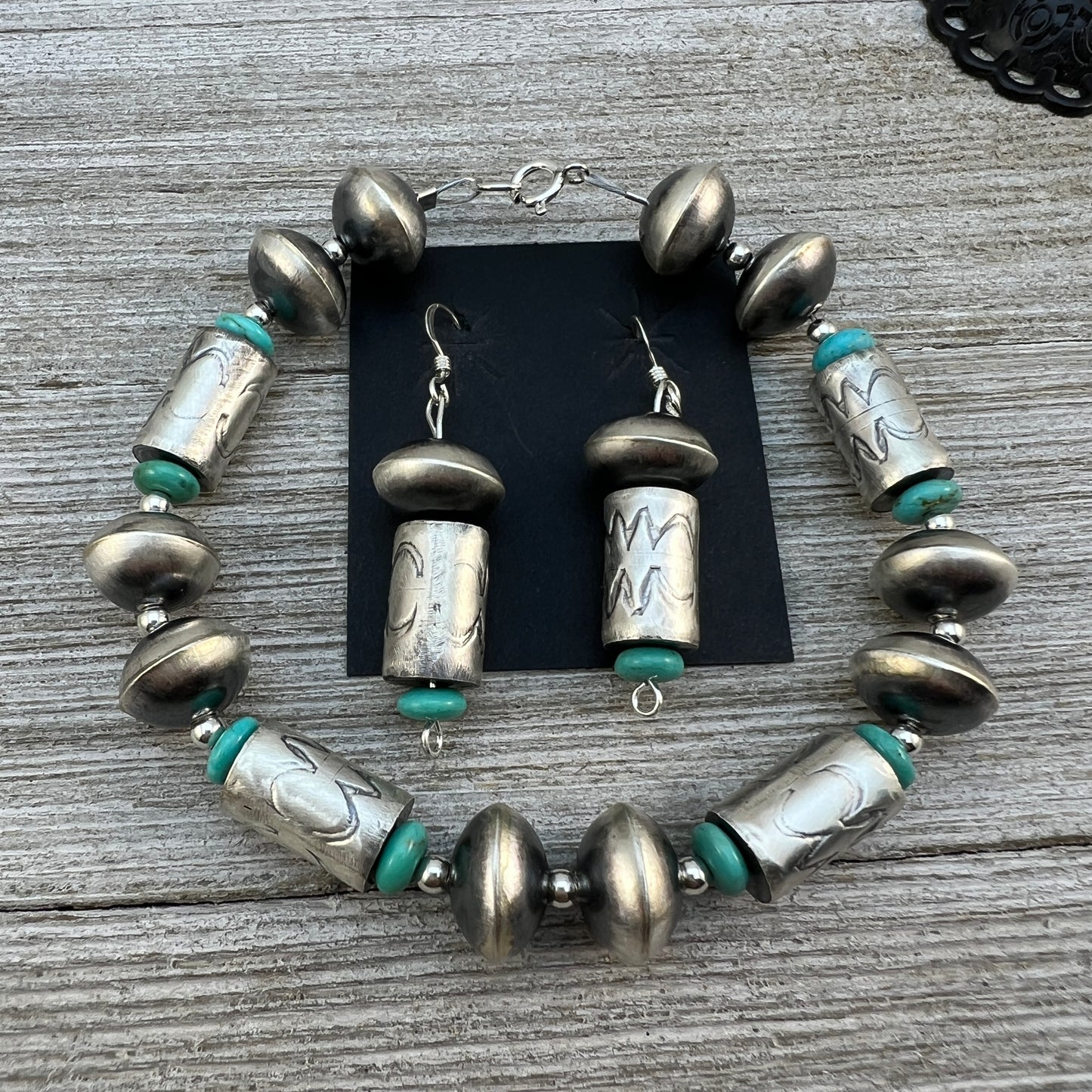 Handmade Navajo Pearls, beads bracelet earring set sterling silver Sharon Cooley